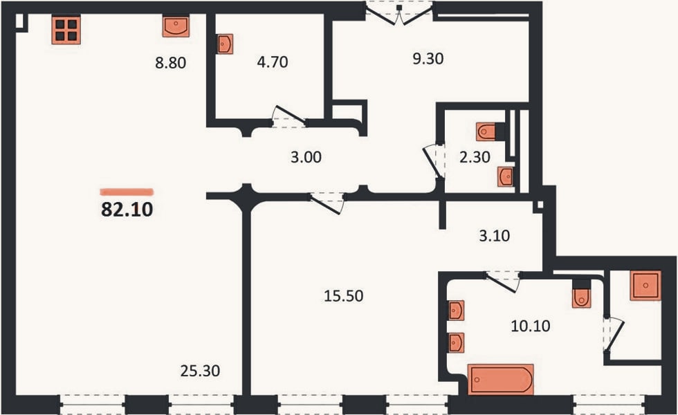 Планировка: 1-к, 82,1 м²