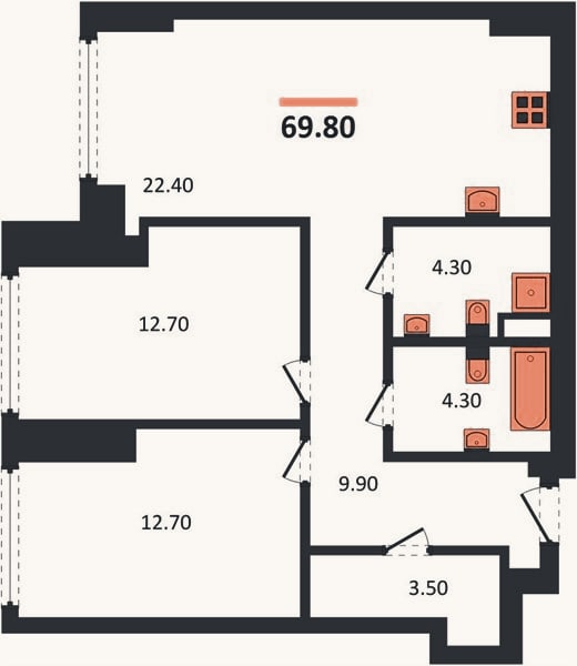 Планировка: 2-к, 69,8 м²