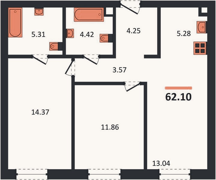 Планировка: 2-к, 62,1 м²