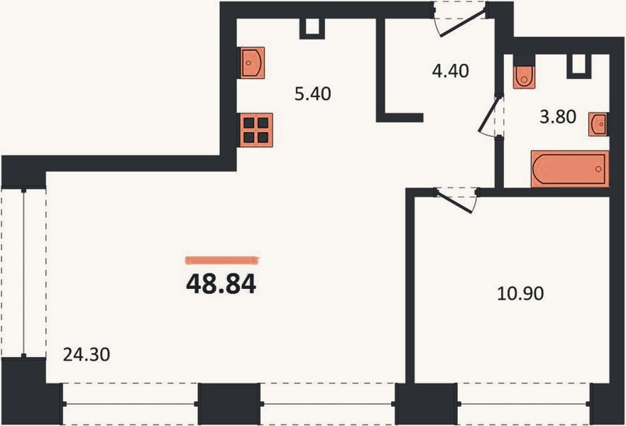 Планировка: 1-к, 48,8 м²