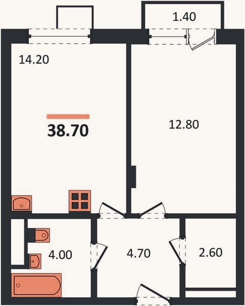Планировка: 1-к, 38,7 м²
