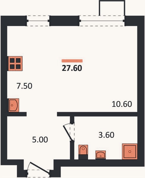 Планировка: Студия, 27,6 м²