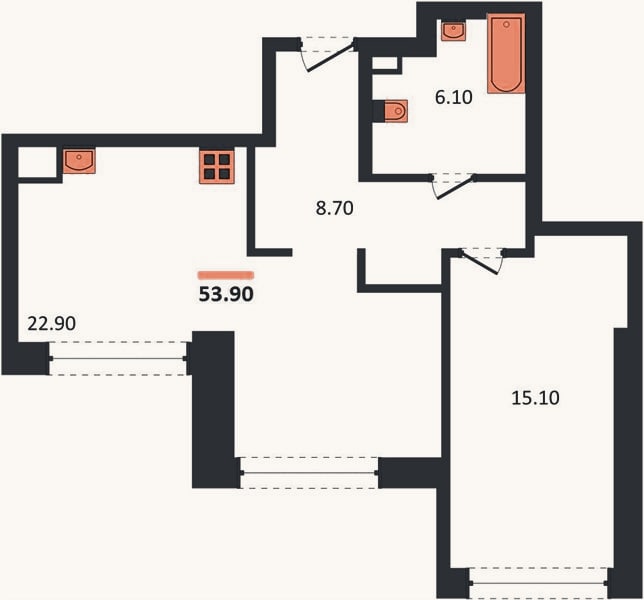 Планировка: 1-к, 53,9 м²