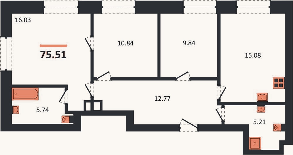 Планировка: 3-к, 75,5 м²