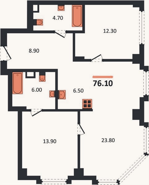 Планировка: 2-к, 76 м²