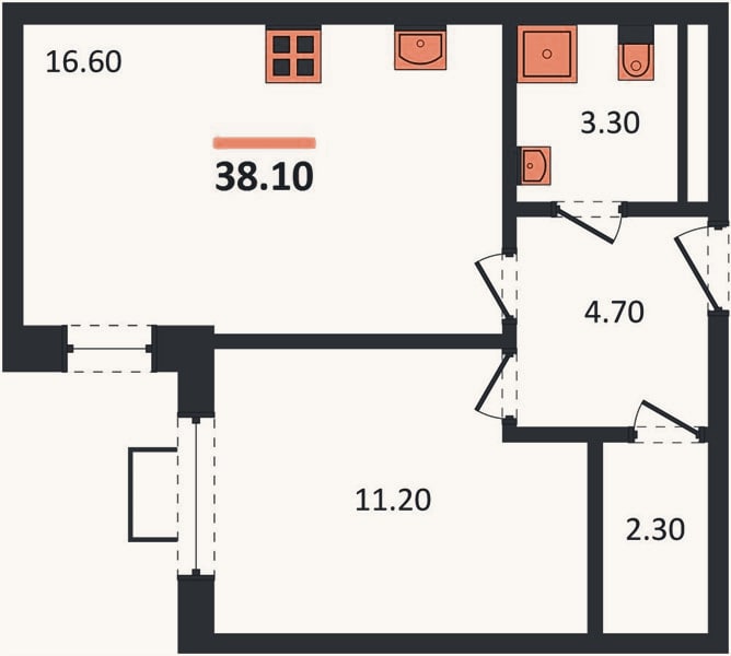 Планировка: 1-к, 38,1 м²