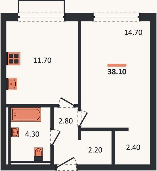 Планировка: 1-к, 38,1 м²