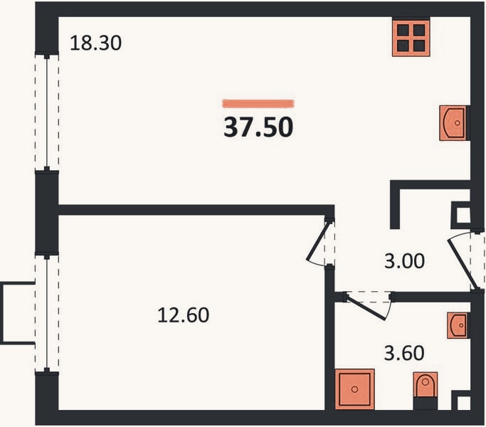 Планировка: 1-к, 37,6 м²