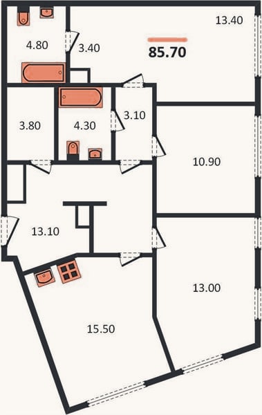 Планировка: 3-к, 85,5 м²