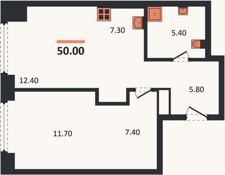 Планировка: 1-к, 50 м²