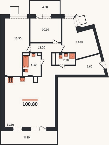Планировка: 3-к, 96,7 м²