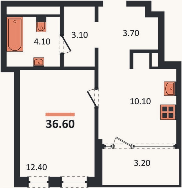 Планировка: 1-к, 36,6 м²