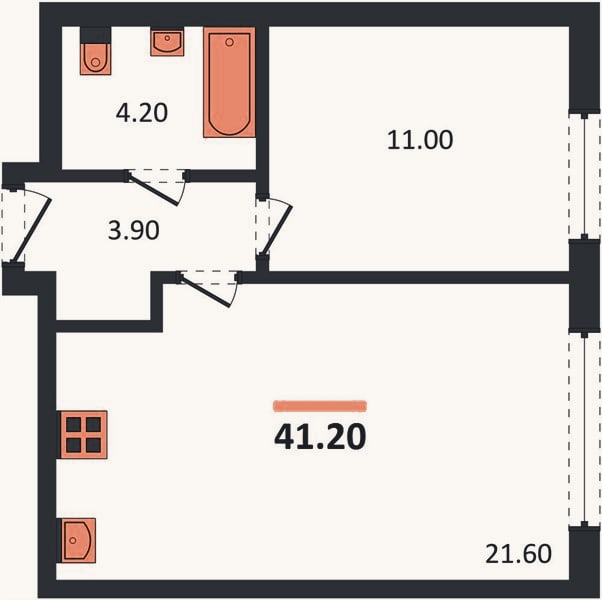 Планировка: 1-к, 41,1 м²