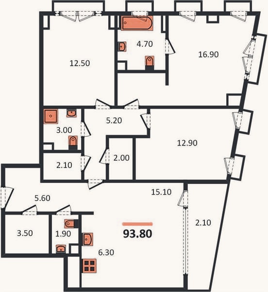 Планировка: 3-к, 93,8 м²