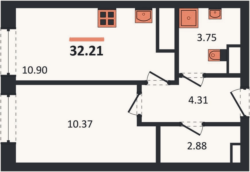 Планировка: 1-к, 32,2 м²