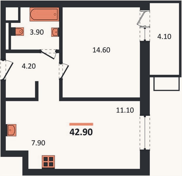 Планировка: 1-к, 42,9 м²