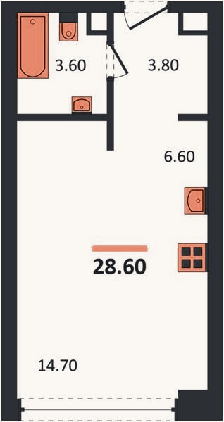 Планировка: Студия, 28,6 м²