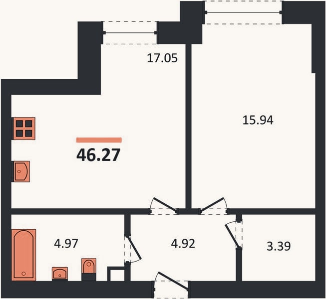 Планировка: 1-к, 46,3 м²