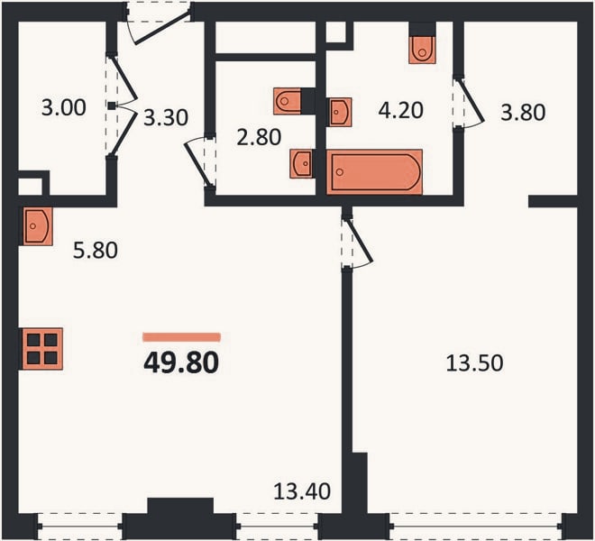 Планировка: 1-к, 49,8 м²