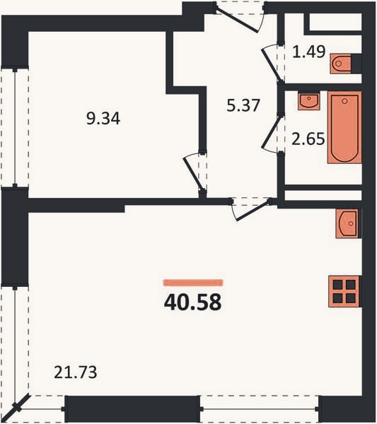 Планировка: 1-к, 40,6 м²