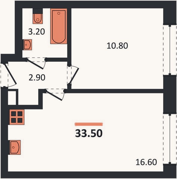 Планировка: 1-к, 33,5 м²