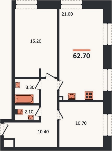 Планировка: 2-к, 62,7 м²