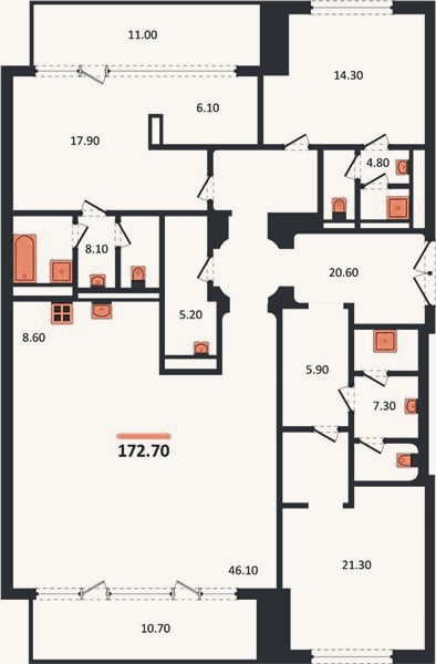 Планировка: 3-к, 172,7 м²