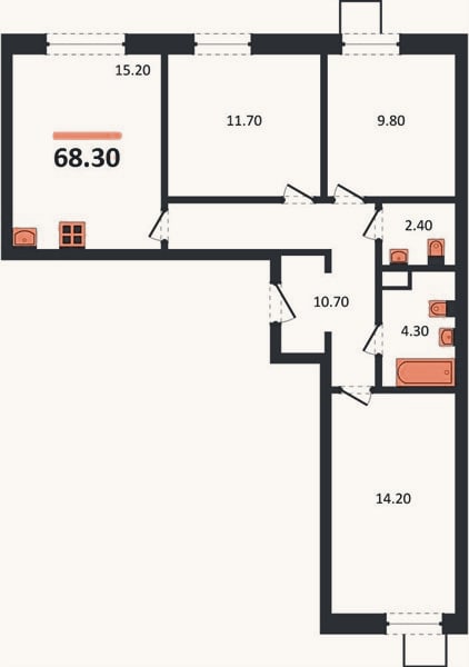 Планировка: 3-к, 68,3 м²