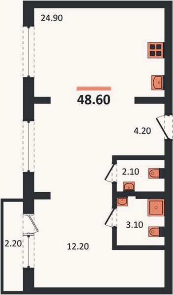 Планировка: 1-к, 48,6 м²
