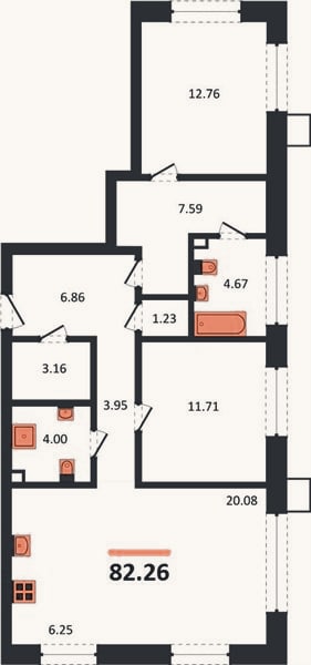 Планировка: 2-к, 82,3 м²