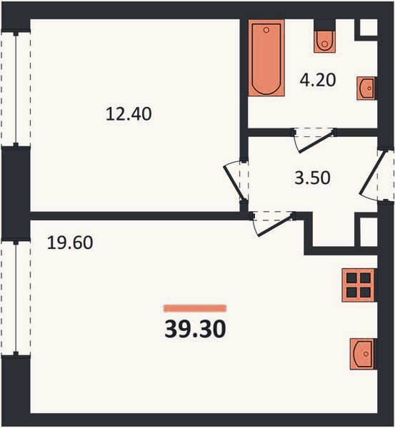 Планировка: 1-к, 39,3 м²