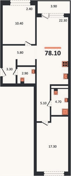 Планировка: 2-к, 78,1 м²