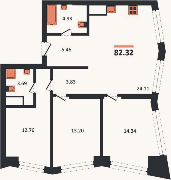 Планировка: 3-к, 82,3 м²