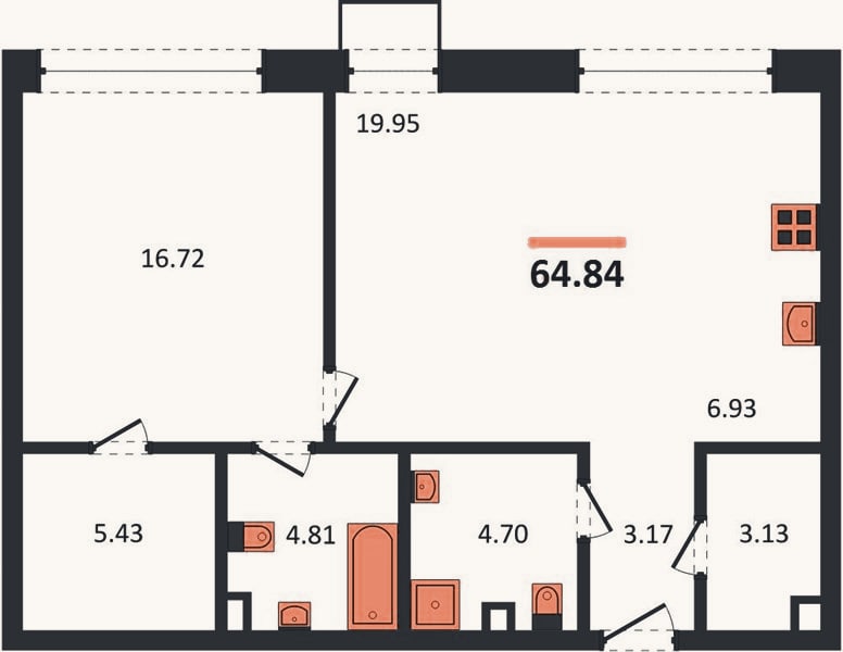 Планировка: 1-к, 64,8 м²