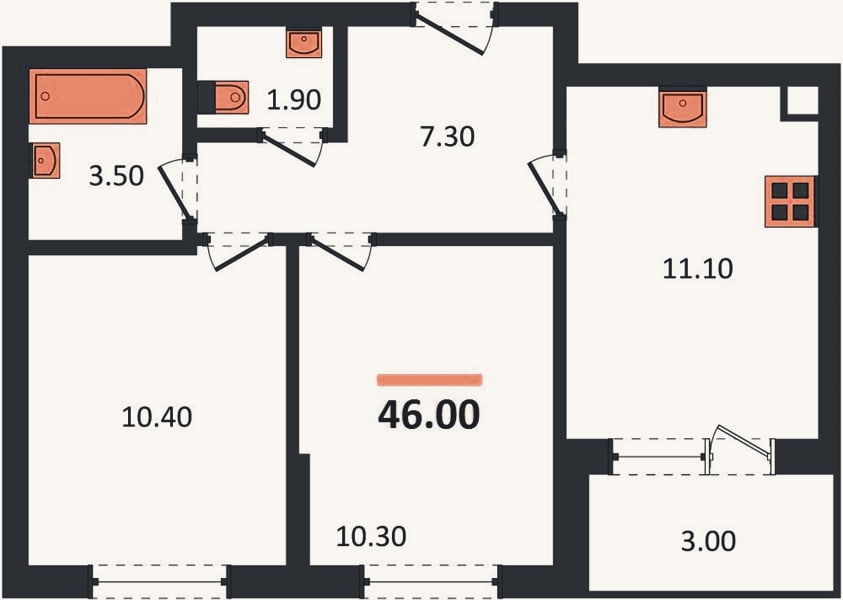 Планировка: 2-к, 46 м²