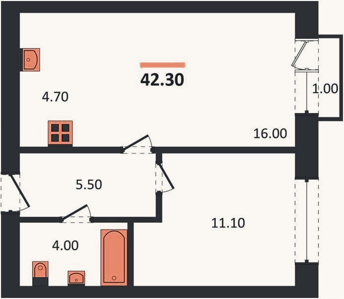 Планировка: 1-к, 42,3 м²