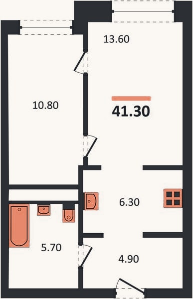Планировка: 1-к, 41,3 м²