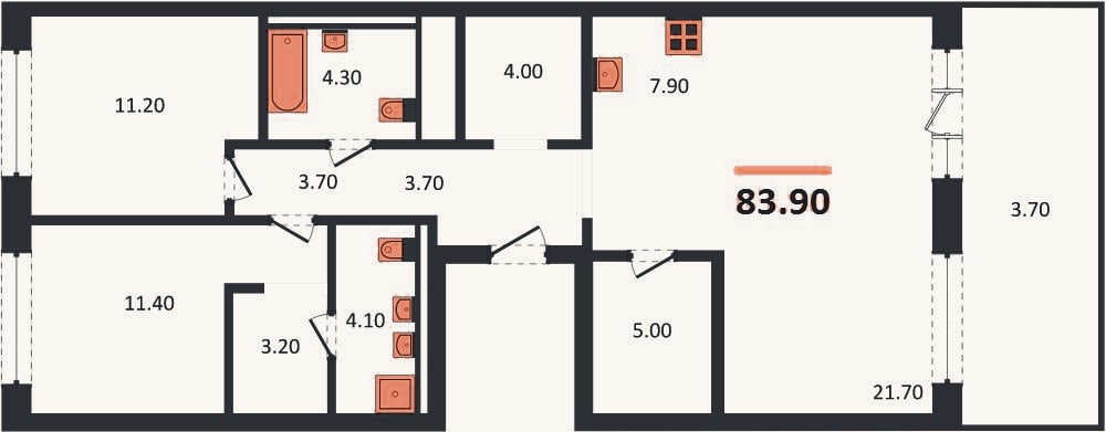 Планировка: 2-к, 83,9 м²