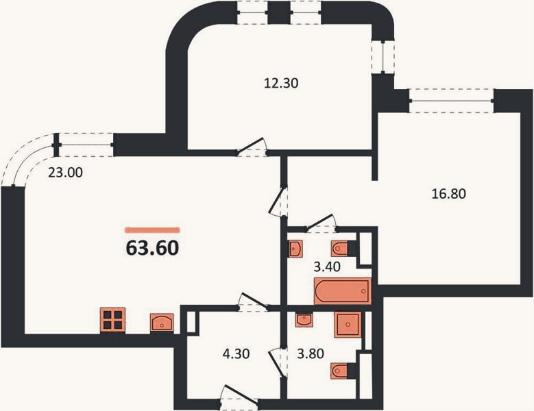 Планировка: 2-к, 63,6 м²