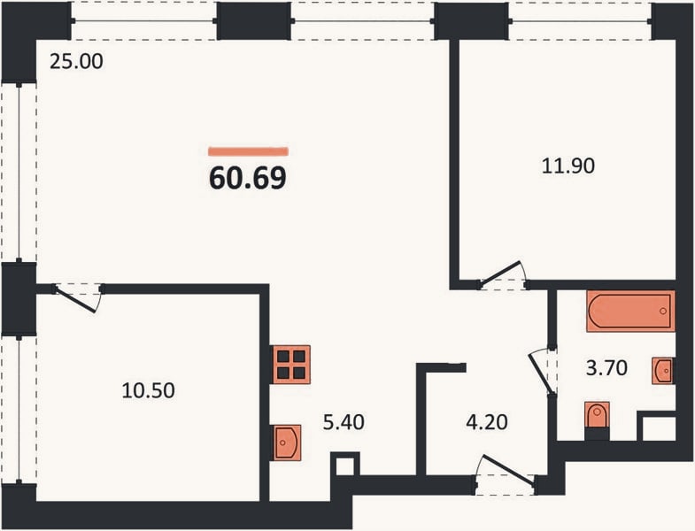 Планировка: 2-к, 60,7 м²