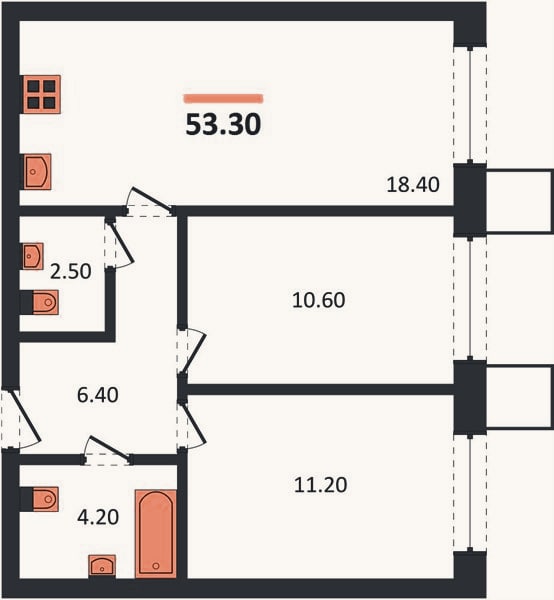 Планировка: 2-к, 53,3 м²