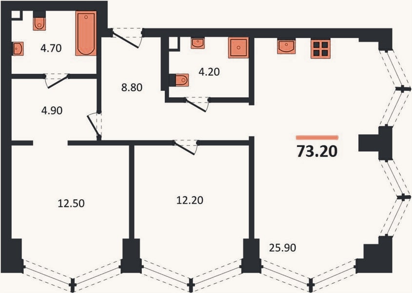 Планировка: 2-к, 73,2 м²