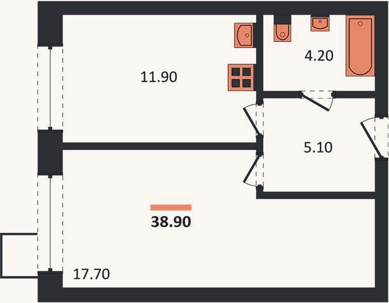Планировка: 1-к, 38,9 м²