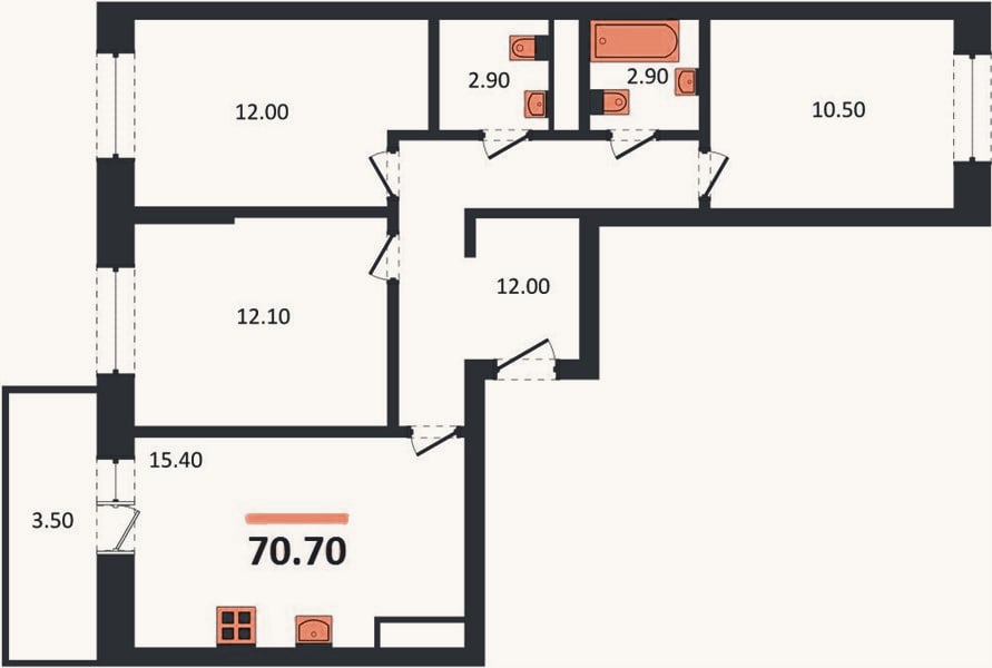 Планировка: 3-к, 70,7 м²
