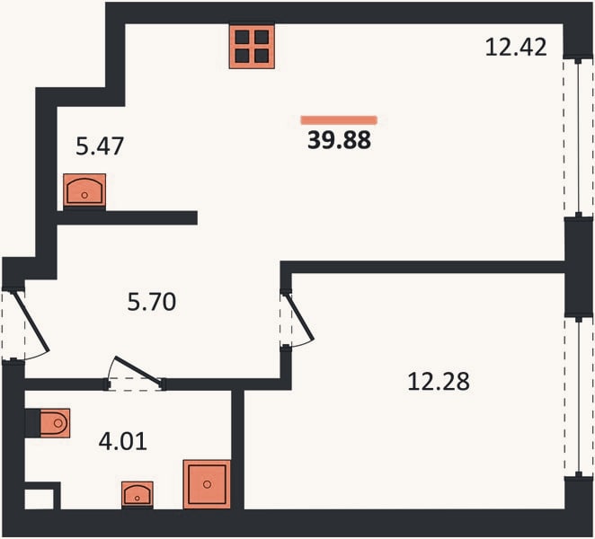 Планировка: 1-к, 39,9 м²