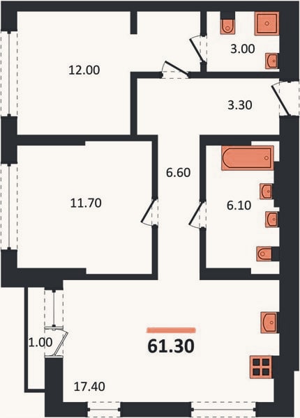 Планировка: 2-к, 61,3 м²