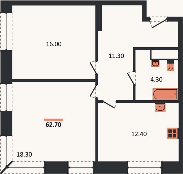 Планировка: 2-к, 62,3 м²
