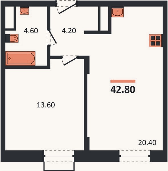 Планировка: 1-к, 42,8 м²