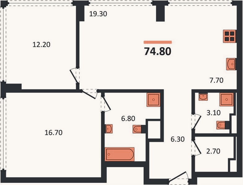 Планировка: 2-к, 74,8 м²