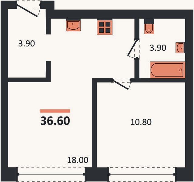 Планировка: 1-к, 36,6 м²